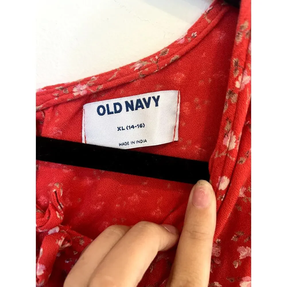 Old Navy Red Floral Puff Sleeve Mini Dress Girls XL 14/16 Cottagecore